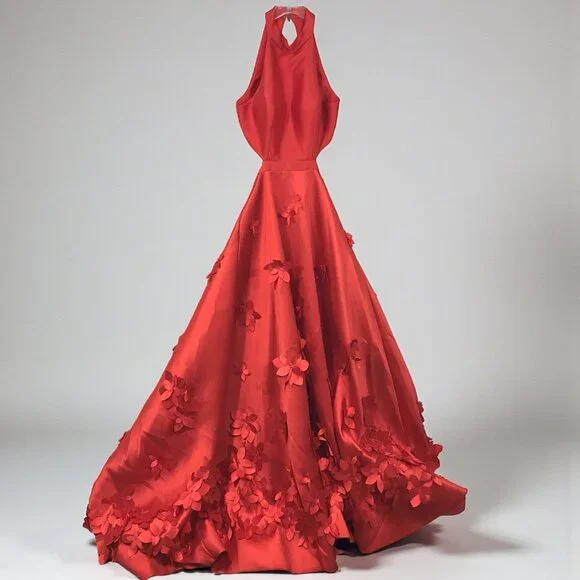 SHERRI HILL Formal Dress Sleeveless A-Line Gown Flower Petal Appliques Red Sz 2 - Picture 1 of 14